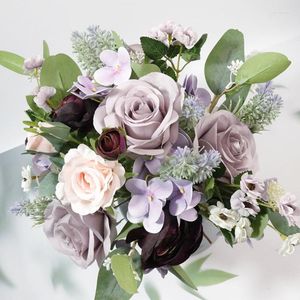 結婚式の花紫色の花嫁花嫁の花嫁ブーケシルクリボンバラ人工マリアージアクセサリーの好意