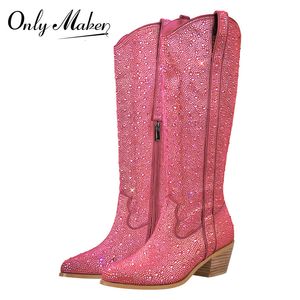 Kleidschuhe Onlymaker Damenstiefel, rosa, kniehoch, glitzernd, glitzernd, spitzer Zehenbereich, Blockabsatz, Western-Cowgilr 230815