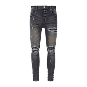 Herr jeans street mode män jeans retro tvättade svartblå stretch mager rippade jeans män läder lapped designer hip hop varumärke byxor 230815