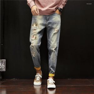 Men's Jeans With Print Tapered Broken Ripped Retro Korean Fashion Man Cowboy Pants Graphic Torn Slim Fit Boot Cut Holes Trousers