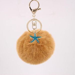 Keychains Fluffy Fur Pom Starfish Faux Hair Bulb Bag Car Ornaments Ball Crystal Pendant Key Ring