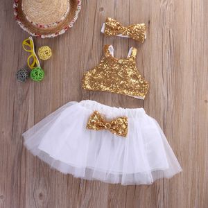 Kläderuppsättningar Princess Newborn Baby Girl Summer Clothes Set Sequin Crop Tops+Tulle Dress kjolar pannband 3 st barn Kläduppsättningar