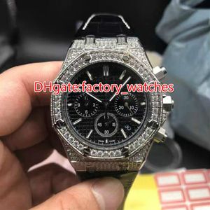 Full Iced Out Watch Quarz Chronograph Full Works Watch Mens Marke Luxus Armbandwatch Black Leder Band Edelstahl Silber She3018