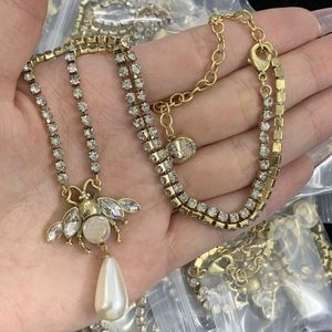 Crystal pearl inlaid Bee pendant with diamond chain Gold Necklaces Double Letter Clavicular Necklace Jewelry Fashion Neck Chain Sweater Chain Gift CGN2 --21