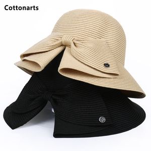Широкие шляпы ковша шляпы с луком анти-UV Sun State Шляпа Широкая мель летние шляпы для женщин пляж Панама соломенное куполо