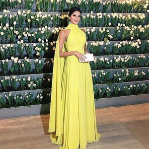 Dubai Formal Dress Women Elegant Chiffon Ruched High Neck Cape Yellow Evening Vestido Longo Festa277S