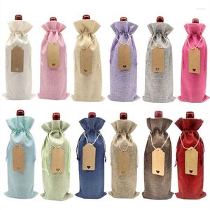 Gift Wrap Linen Wine Bags 12pcs Creative Draw String Bundle Pocket Tags Single Red Champagne Packaging Holiday Party Storage