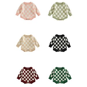 Rompers född baby stickad romper varm höst vinter avslappnad långärmad rund nacke checkerbräda tryck tröja bodysuit spädbarn 0-24 m 230816