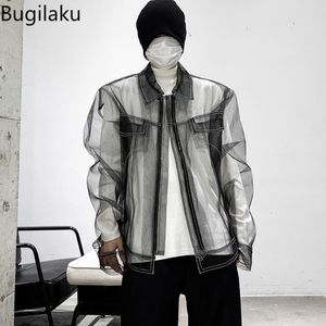 Men's Jackets Bugilaku Streetwear Men See Through Long Sleeve Coats Korean Style Turn Down Collar Zipper High Street Y2K Tops Ropa 230815