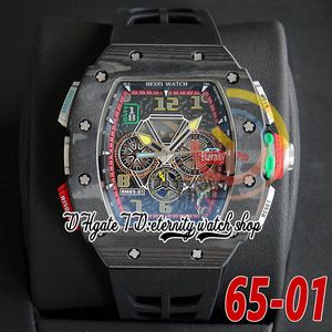ZY Latest 65-01 Mens Watch M8215 Automatic Movement Black NTPT Carbon Fiber Case Skeleton Dial Number Markers Black Rubber Strap 2023 Super Edition eternity Watches