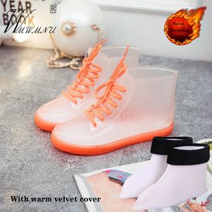 Buty deszczowe moda wodoodporna koronkowa platforma kostki buty galaretki przezroczyste kobiety deszczowe buty cukierki kolory pluszowe bawełny gumowe krótkie buty 230815