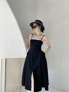Sıradan elbiseler basitlik şık moda kadın elbise seksi spagetti kayış kolsuz kayma parti kadınlar için sokak kıyafeti yarık vestidos bayanlar