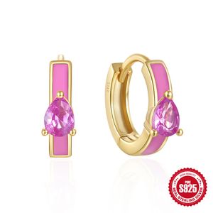 s925 sterling silver enamel earrings Hoop prong set tear-drop cz diamond for girls women Jewelry gift PINK/BLUE COLOR