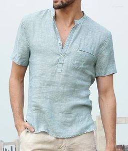 Men's T Shirts 2023 Casual Linen Male Mandarin Collar Sexy V Neck Cotton Tops Summer Short Sleeve Flax 3xl