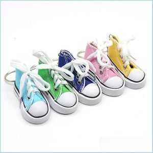 Keychains Lanyards Neue trendige Großhandel 3D Sneaker Keychain Colorf Simation Canvas Schuhe Key Ring Puppen Zubehör Drop Lieferung FA DH9QZ