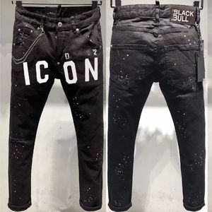 Jeans masculinos europeus e americanos Pure Black Printed Cotton Bullets