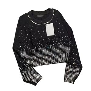 23 FW Women Sweaters Knits Designer Tops Tee With Crystal Beads High End Luxury Brand Girls Crop Top Crew Neck Long Sleeve Shirts Elasticity Viscose Outwear Knitwear
