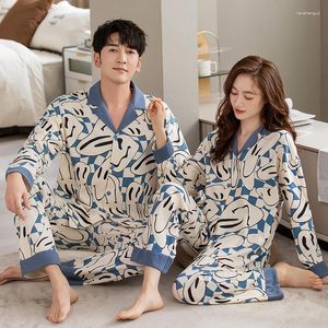 Mäns Sleepwear 2023 Autumn Par Långärmad bomullstryck Pyjamasuppsättningar för män Korean Löst kostym Kvinnor hemkläder hemkläder