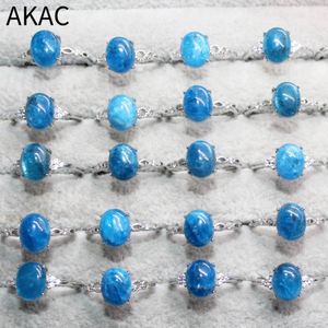 Anéis de casamento 3rings 5rings Akac Aprox8*10mm azul natural Apatite Anel de cobre branco ajustável por atacado Envie aleatoriamente 230815