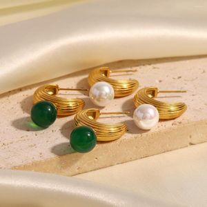 Orecchini per borchie 2023 Stile vintage Green Agata e Pearl Texture Forma 18K Orecchie per goccia in acciaio inossidabile oro per ragazze
