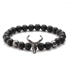 Strand Ashmita Bullenkopfschädel Männer Armband 8 mm Lava Steinperlen Charme Armbänder matt Onyx Perlen Armreifen Schmuck Schmuck