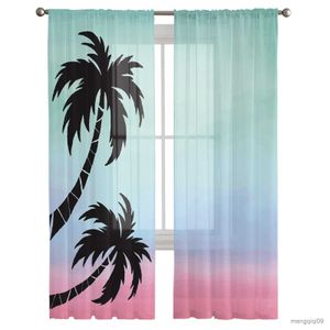 Cortina de árvores tropicais, pôr do sol, verão, transparente, para sala de estar, estampada, tule, janela, luxo, casa, varanda, decoração