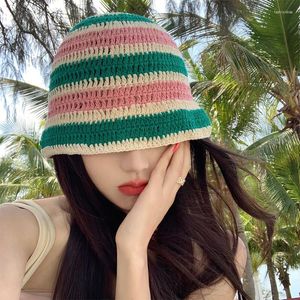 Berets Contrasting Color Striped Bucket Hats Women Summer Hollow Breathable Versatile Cotton Thread Basin Cap Japanese Sweet Knit Hat