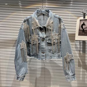 Womens Jackets Luxury Autumn Rhinestones Fringed Jeans Jacket Sequined Stars Embroidery Tassels Demin Bomber Coat Loose Cardigan Tops Outwear 230815