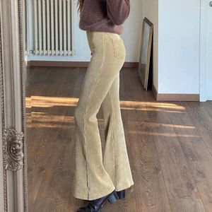 Kvinnors byxor hösten hög midja brun corduroy capris casual mager flare kvinnor elegant vintage långa byxor damer