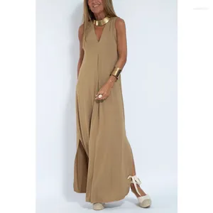 Casual Dresses Boho Women Maxi Summer Solid Color Sleeveless V Neck Dress Female Vestidos De Mujer Loose Folds Split Femme Robe