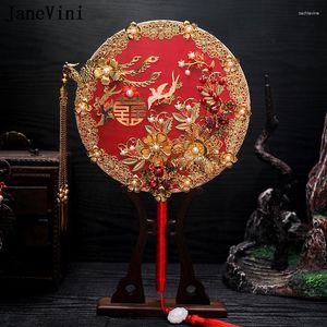 Hochzeitsblumen Janevini Vintage Red Fan für Braut Quaste Perlen Metall Perlen Gold Chinesische Braut Ancient Classic Blumensträuße