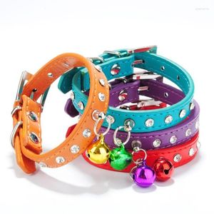 Dog Collars 1PC Adjustable Pet Crystal Rhinestone Bell Collar Rivets Faux Leather Neck Strap Pets Supplies For Small Medium Dogs Cats
