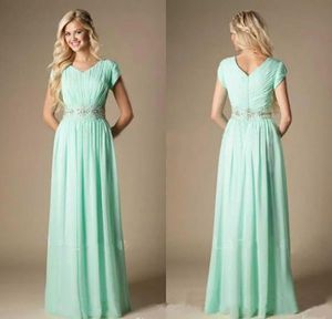 2023 Beach long Bridesmaid Dresses mint green A Line Jewel Cap Sleeve Floor Length junior Bridesmaid Gowns With Chiffon Beaded Sash