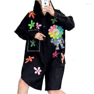 Women's Blouses Long Loose Shirt Women Turn-Down Collar Cartoon Sequins Tdress Blouse Casual Feminina Shirts NZ98