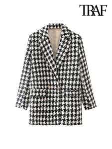 Womens Suits Blazers TRAF Women Fashion Houndstooth Tweed Blazer Coat Vintage Long Sleeve Flap Pockets Female Outerwear Chic Veste Femme 230815