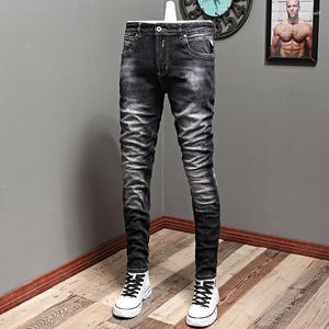 Men's Jeans Italian Style Fashion Men Retro Black Gray Elastic Stretch Slim Fit Ripped Vintage Designer Denim Pants Hombre