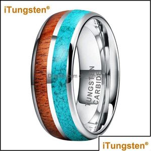 Anéis de casamento Itungsten 8mm Drop Tungsten Carbide Ring For Men Women Engagement Band Blue-Turquoise Koa Wood Inclay Comf Delivery Jewe Dhzlm