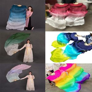 Stage Wear Arrival 1Pair (1L 1R) Real Silk Fan Veil For Belly Dance Gradient Oriental Dancing Veils Show Props