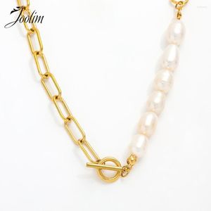 Chains Joolim Jewelry Wholesale Waterproof Designer Elegant Pearl Paper Pin Chain Link Stainless Steel Necklace For Women