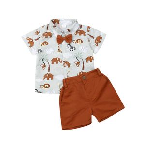 Conjuntos de roupas de verão crianças bebê menino conjuntos de roupas formais festa de aniversário terno impresso arco camisa topos shorts conjuntos casuais