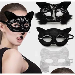 Party Masks Cat Masquerade Lace Mask y Women Decoration Wenece Half Face Ball Crystal Gatto Eyemasks Christmas Halloween Costume Props DHF42