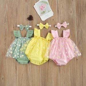 Set di abbigliamento Stampa floreale per bambini Set di due pezzi Colletto quadrato per bambina senza maniche Pagliaccetti Abito Fascia per capelli Abbigliamento per neonato