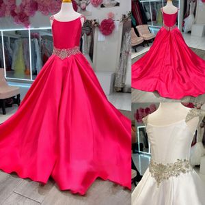 Long Satin Girl Pageant Dress 2024 A-Line Red White Crystal Straps Waist Little Kid Birthday Wedding Formal Party Gown Infant Toddler Teens Tiny Young Junior Miss