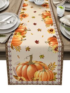 Autumn Pumpkin Maple Leaf Table Runner, Christmas Table Runner, Wedding Decoration, Linen Dining Table Runner, Christmas Decoration