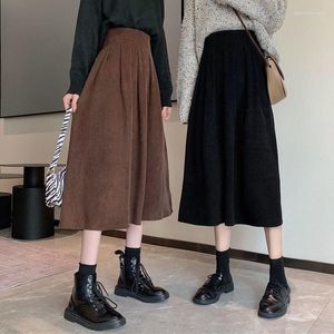 Röcke Damen Corduroy Midi Vintage braun schwarz hohe taille long weibliche 2023 herbst koreanische modische modische rock