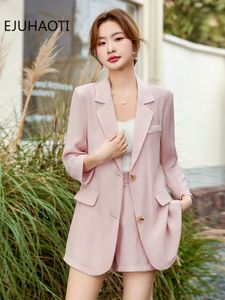 Suits femininos Blazers traje casual rosa conjunto pequeno companheiro de verão de estilo de linho de alto nível de alta qualidade Blazer feminino Roupas 230815