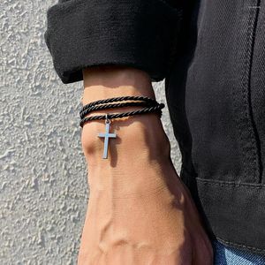 Link Armbänder gewebtes Twist Seil Kreuz Anhänger Charm Armband für Männer Persönlichkeit Schwarzer Hip Hop Style Bangle Gift Brace Spitze