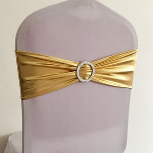 Sashes 10pcs50pcs Metallic Gold Silver Estante Spandex Krzesło Bow Bow Sash Zespół z okrągłym klamrą na bankiet Krzesło ślubne krawat 230815