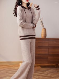 Women's Sweaters Fashion Cashmere Suit Women Merino Wool Hooded Sweater Wide-Leg Pants 2023 Autumn And Winter Knitted Tops Two-Piece