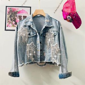 Womens Jackets Luxury Tassels Star Denim Bomber Jacket Female Spring and Autumn Ins Beaded Holes Jean Coat Short Cardigan Tops 230815